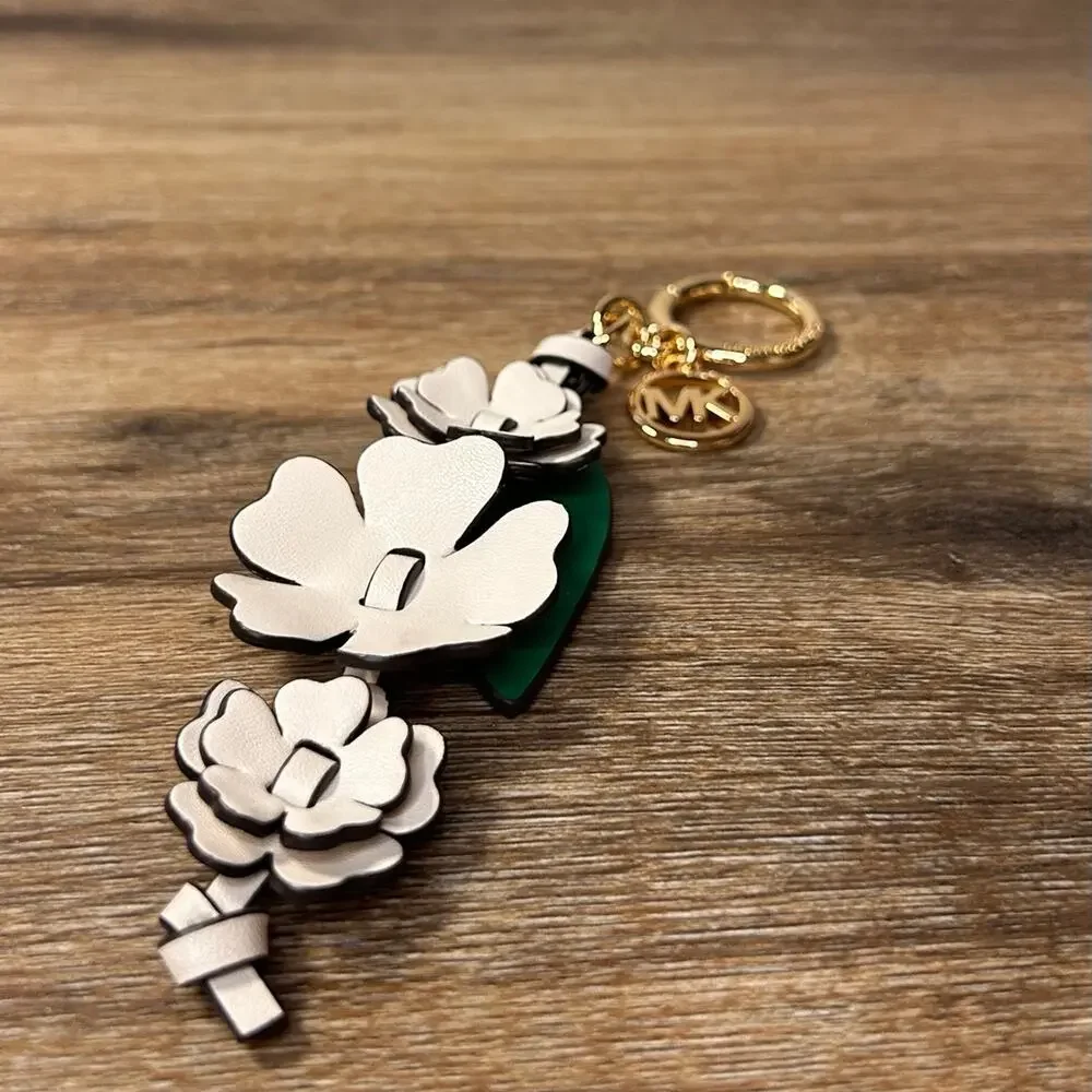 NWOT Michael Kors Stacked Flower Women Bag Charm Keyfob Light Cream